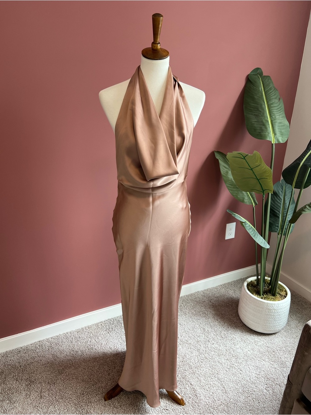 Zara Satin Halter Maxi Dress Rose Gold Taupe Size Small